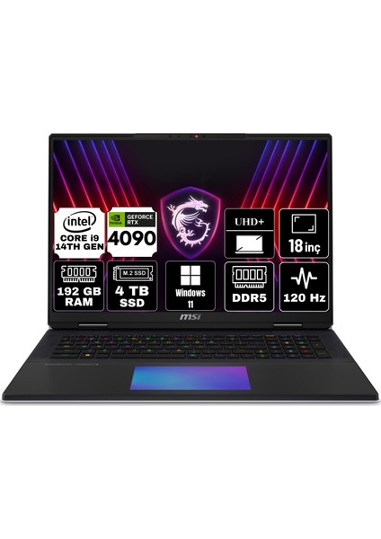 Msı TITAN 18 HX A14VIG-067TR Intel Core I9 14900HX 192GB 4TB SSD RTX4090/16GB Windows 11 Pro 18" Uhd+ Taşınabilir Bilgisayar