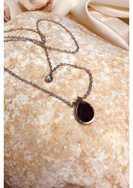 Safir Zirkon Taşlı Damla Model Gümüş Silver Renk Kadın Paslanmaz Çelik Zincir Kolye