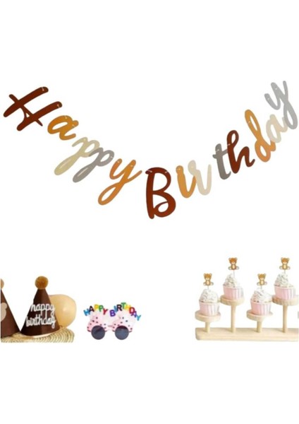 Parti Aşkı Retro Renkler Happy Birthday Kaligrafi Yazı Banner Seti Kahverengi Iyiki Doğdun Yazısı Bohem Tarz