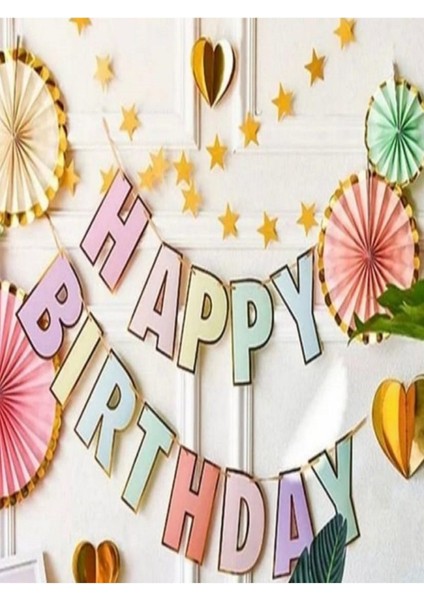 Parti Aşkı Makaron Gold Happy Birthday Banner Seti & Pastel Makaron Renk Doğum Günü Yazı Süsü