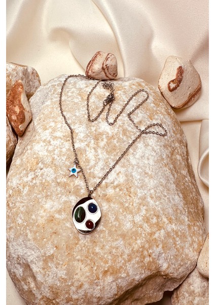 Yeşil Lacivert Kırmızı Taşlı Gümüş Silver Renk Paslanmaz Çelik Kadın Zincir Kolye