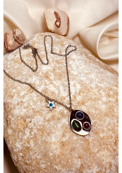 Yeşil Lacivert Kırmızı Taşlı Gümüş Silver Renk Paslanmaz Çelik Kadın Zincir Kolye fırsatları