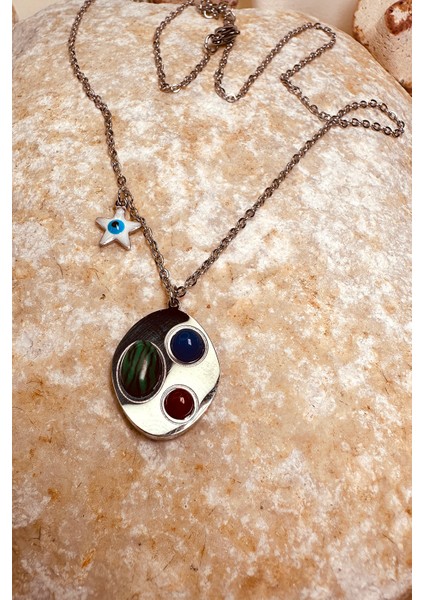 Yeşil Lacivert Kırmızı Taşlı Gümüş Silver Renk Paslanmaz Çelik Kadın Zincir Kolye indirimleri