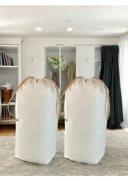 Krem Büzgülü Hurç 2'li Set Xlarge 86X62 cm - Taşınma Çantası - Yorgan Yastık Çamaşır Saklama Torbası