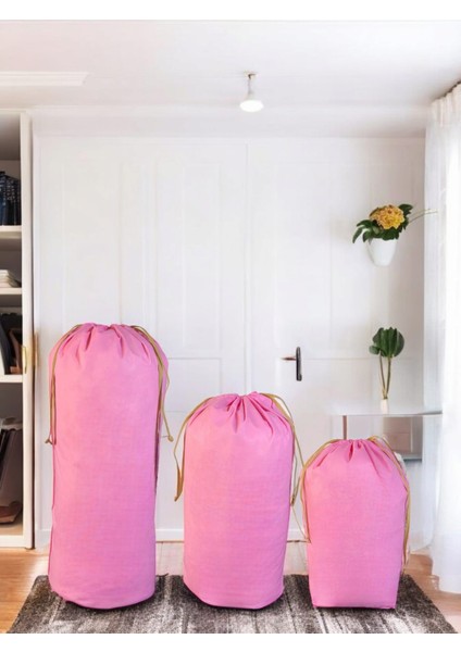 Pembe Büzgülü Hurç 3'lü Set - Xxl ,xl, L - Taşınma Çantası - Yorgan Yastık Çamaşır Saklama Torbası