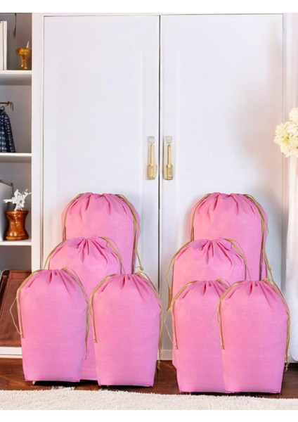 Pembe Büzgülü Hurç 8'li Set - 2xxl ,2xl, 4l - Taşınma Çantası -Yorgan Yastık Çamaşır Saklama Torbası