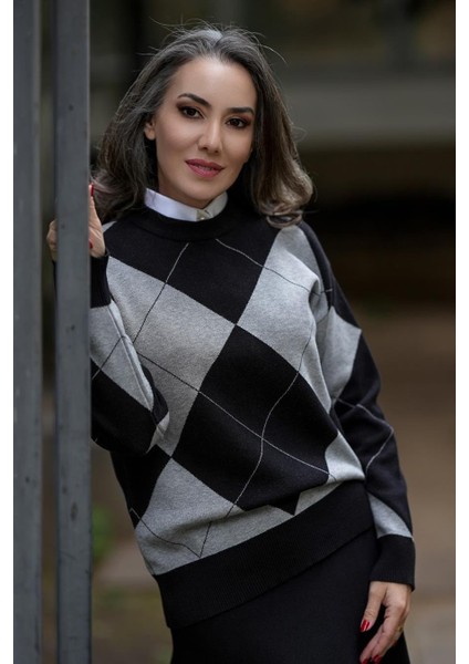 Styleboom X Peraluna OXFORD PULLOVER Bisiklet Yaka Baklava Desen Kadın Triko Kazak - Siyah