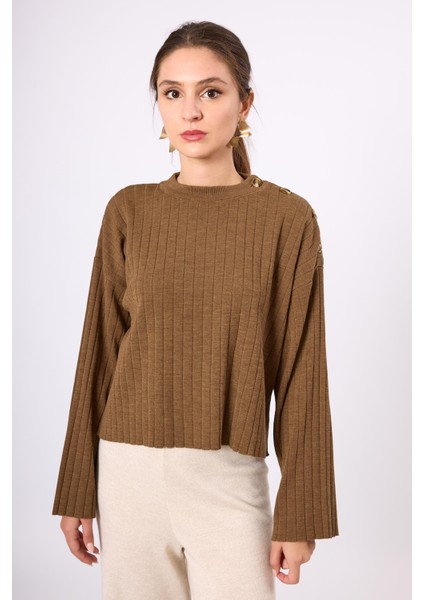 Molly Omuzu Düğmeli Kadın Triko Kazak - Kahve Melanj fiyatları