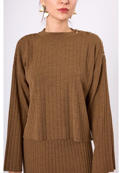 Molly Omuzu Düğmeli Kadın Triko Kazak - Kahve Melanj modelleri