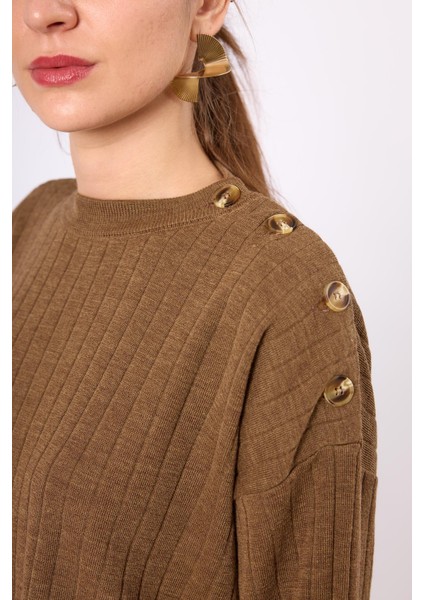 Molly Omuzu Düğmeli Kadın Triko Kazak - Kahve Melanj fırsatları