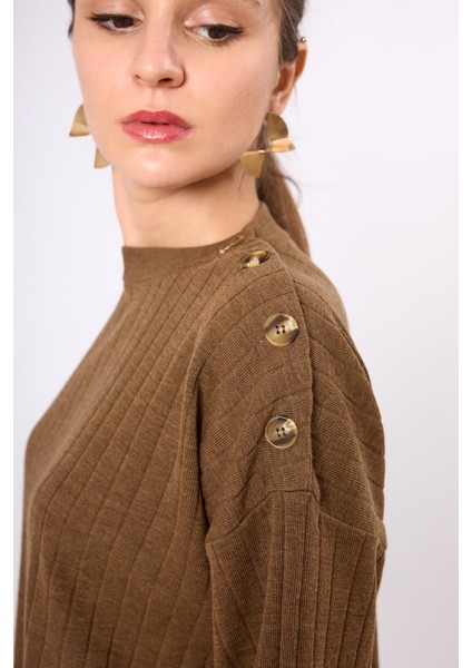 Molly Omuzu Düğmeli Kadın Triko Kazak - Kahve Melanj indirimleri