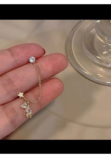 Arescollection 925 Ayar Barlı Rosyum Kaplama Zirkon Taşlı Sallanan Ayıcıklı Ikili Zincirli Küpe