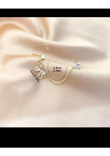 Arescollection 925 Ayar Barlı Rosyum Kaplama Zirkon Taşlı Sallanan Ayıcıklı Ikili Zincirli Küpe
