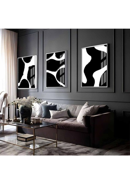 Beyaz-Siyah Soyut Abstract Kombini 10|Çerçeveli Cam Tablo 3lü Dikey