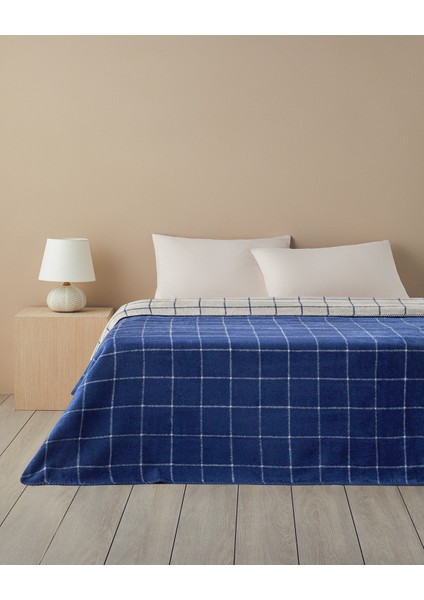 Plain Check Pamuklu King Size Battaniye Lacivert - Krem
