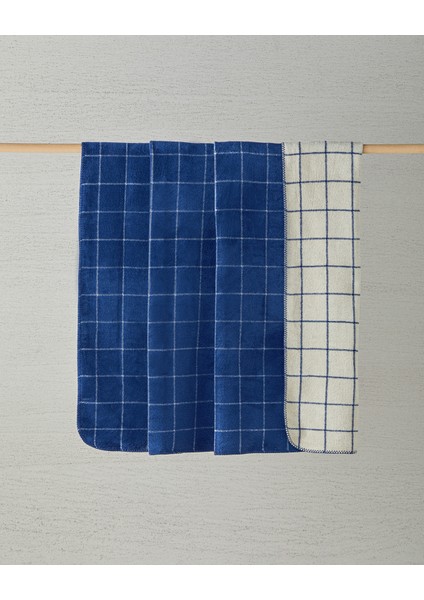 Plain Check Pamuklu King Size Battaniye Lacivert - Krem
