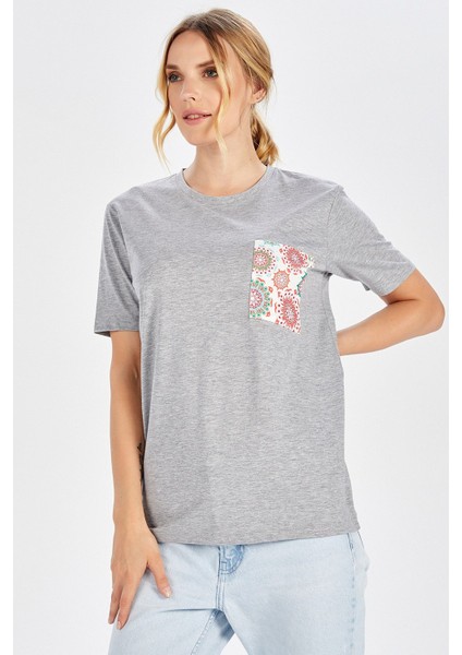 Tek Cepli Düz Kesim Uzun Kadın T-Shirt - Açık Gri Melanj modelleri