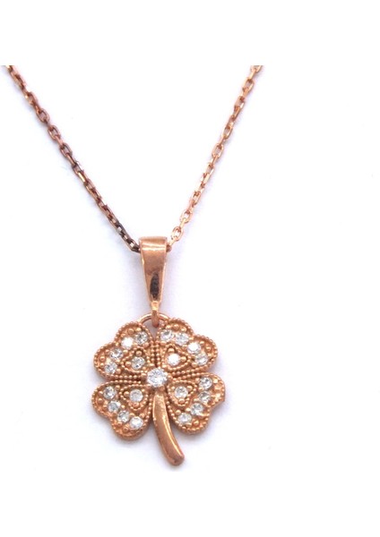 Yonca Motifli Zirkon Taşlı Rose Gümüş Kolye GK-184