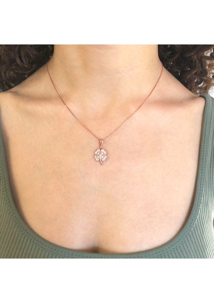 Yonca Motifli Zirkon Taşlı Rose Gümüş Kolye GK-184