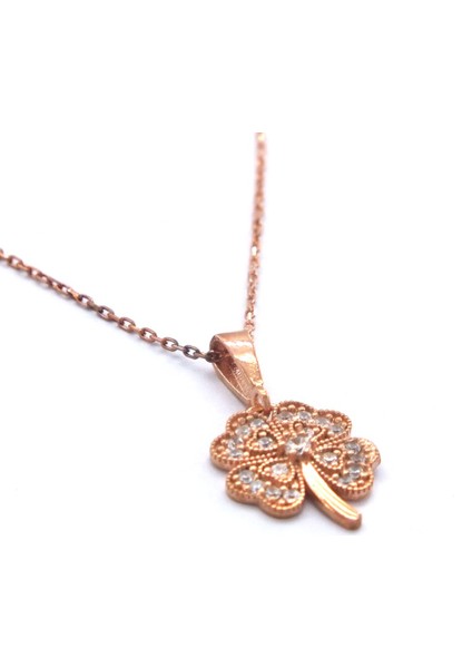 Yonca Motifli Zirkon Taşlı Rose Gümüş Kolye GK-184