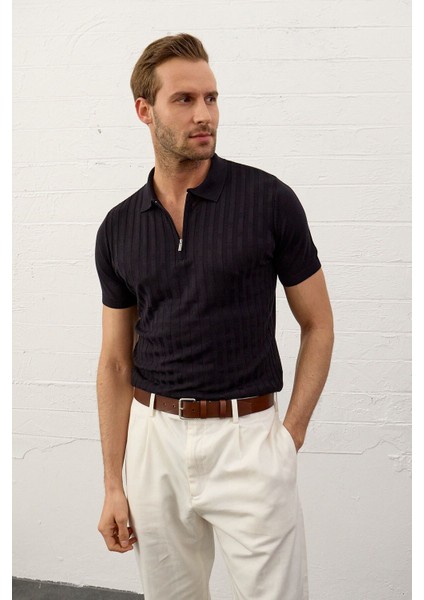 Erkek Fermuarlı Slim-Fit Kalıp Polo Yaka Ince Triko T-Shirt Koyu Lacivert - 5011DNGR modelleri