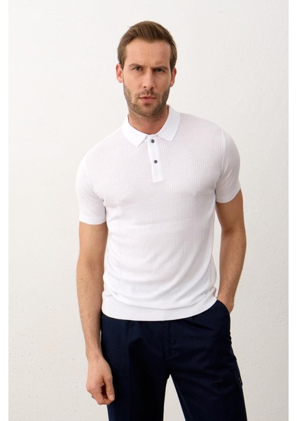 Erkek Slim-Fit Kalıp Polo Yaka Yazlık Triko T-Shirt Beyaz - 5002DNGR