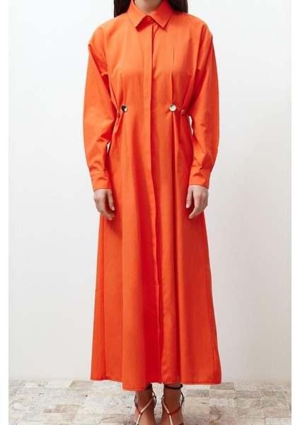 Moda Casual Günlük Terrycotton Dokuma Gömlek Yaka Uzun Kol Gömlek Elbise Maxi Boy Tesettür Elbise