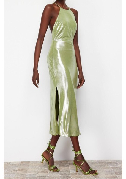 Moda Fit Mezuniyet Balo Metalik Kumaş Örme Halter Yaka Kolsuz Kol Bodycone Midi Boy Elbise