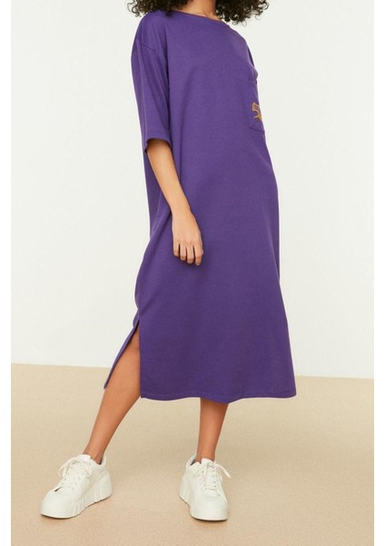 Moda Rahat Casual Günlük 2 Iplik Şardonsuz Örme Bisiklet Yaka Truvakar Kol Kol Shift Midi Boy Elbise