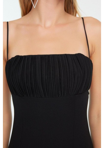 Moda Regular Mezuniyet Balo Finike Dokuma Kare Yaka Askılı Kol Bodycone Midi Boy Elbise