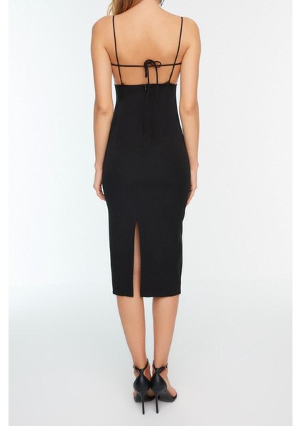 Moda Regular Mezuniyet Balo Finike Dokuma Kare Yaka Askılı Kol Bodycone Midi Boy Elbise