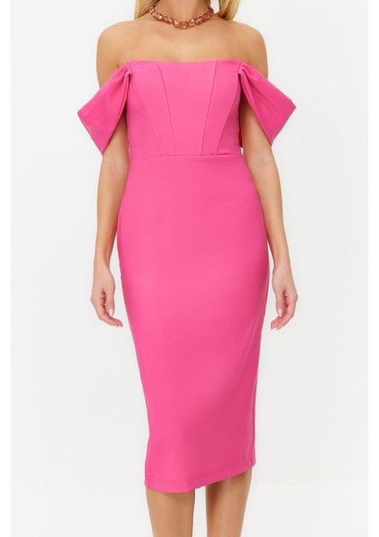Moda Fit Mezuniyet Balo Finike Dokuma Carmen Yaka Kısa Kol Bodycone Midi Boy Elbise