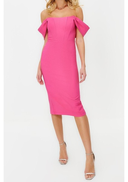 Moda Fit Mezuniyet Balo Finike Dokuma Carmen Yaka Kısa Kol Bodycone Midi Boy Elbise