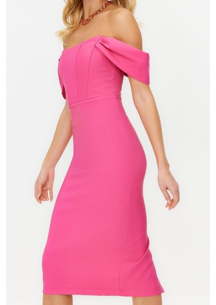 Moda Fit Mezuniyet Balo Finike Dokuma Carmen Yaka Kısa Kol Bodycone Midi Boy Elbise