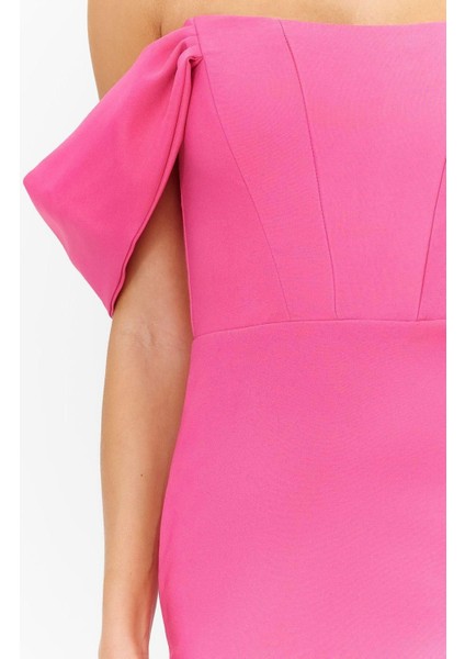 Moda Fit Mezuniyet Balo Finike Dokuma Carmen Yaka Kısa Kol Bodycone Midi Boy Elbise