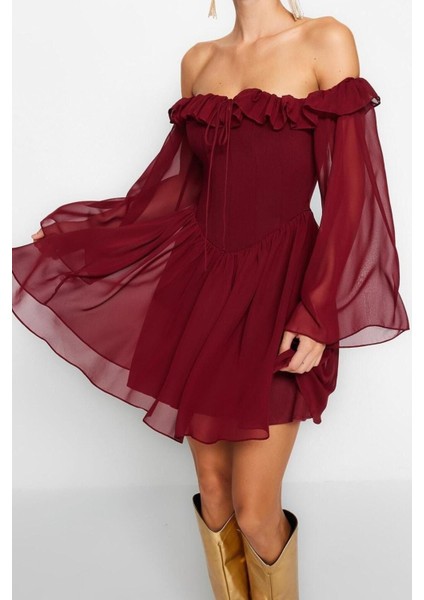 Moda Regular Mezuniyet Balo Şifon Dokuma Carmen Yaka Uzun Kol Skater Mini Boy Elbise