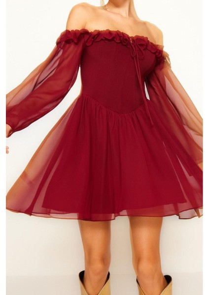 Moda Regular Mezuniyet Balo Şifon Dokuma Carmen Yaka Uzun Kol Skater Mini Boy Elbise fiyatları