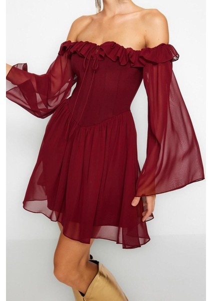 Moda Regular Mezuniyet Balo Şifon Dokuma Carmen Yaka Uzun Kol Skater Mini Boy Elbise modelleri