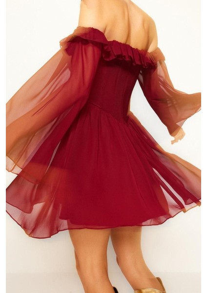 Moda Regular Mezuniyet Balo Şifon Dokuma Carmen Yaka Uzun Kol Skater Mini Boy Elbise fırsatları