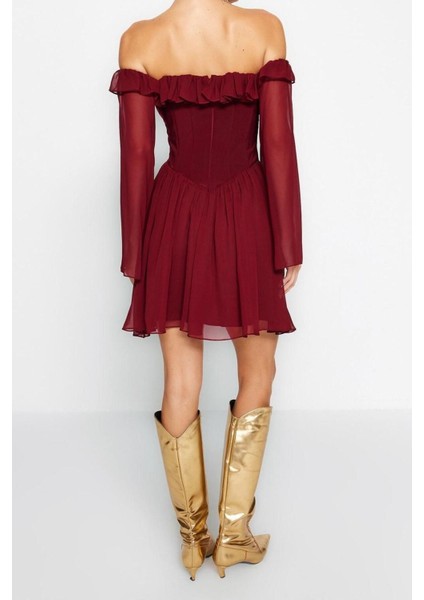 Moda Regular Mezuniyet Balo Şifon Dokuma Carmen Yaka Uzun Kol Skater Mini Boy Elbise indirimleri