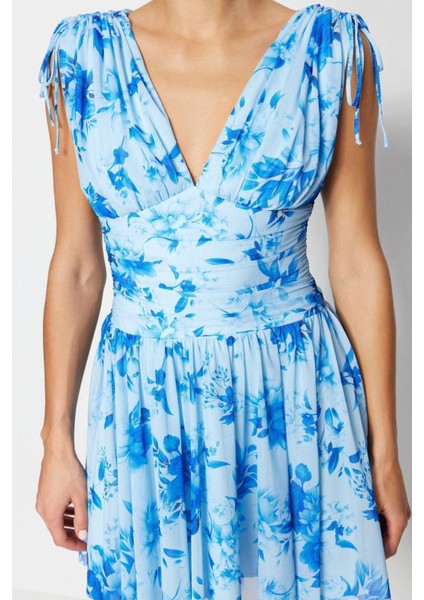 Moda Fit Mezuniyet Balo Tül Örme V Yaka Kolsuz Kol Skater Mini Boy Elbise