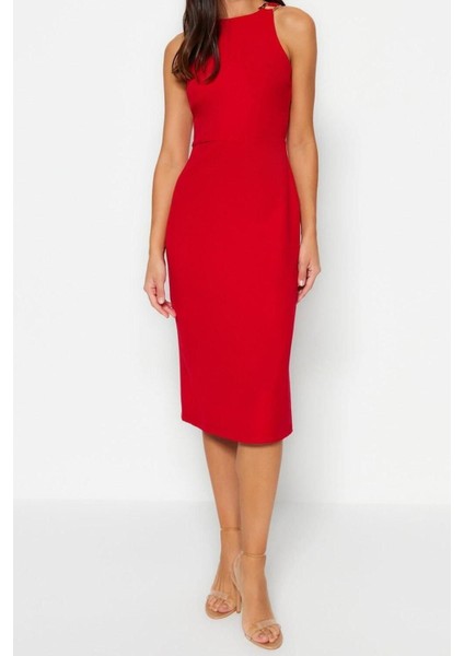 Moda Regular Gündüz Gece Finike Dokuma Halter Yaka Kolsuz Kol Bodycone Midi Boy Elbise