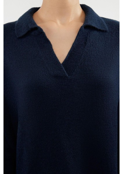 Moda Regular Casual Günlük Tek Plaka Triko Polo Yaka Uzun Kol Shift Midi Boy Elbise