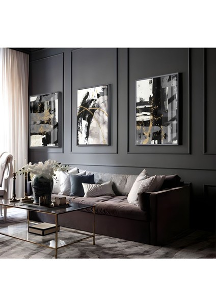 Antrasit Gri-Gold Modern Soyut Çalışma |Çerçeveli Cam Tablo 3lü Dikey