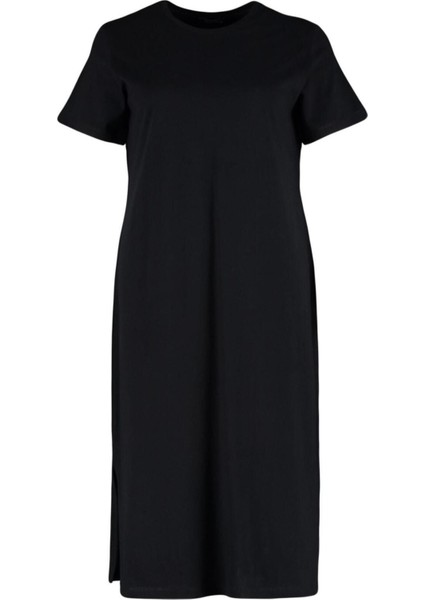 Moda Rahat Casual Günlük Süprem Örme Bisiklet Yaka Kısa Kol Shift Midi Boy Büyük Beden Elbise