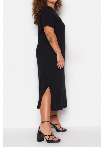 Moda Rahat Casual Günlük Süprem Örme Bisiklet Yaka Kısa Kol Shift Midi Boy Büyük Beden Elbise fiyatları