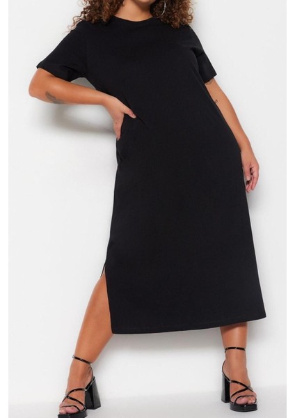 Moda Rahat Casual Günlük Süprem Örme Bisiklet Yaka Kısa Kol Shift Midi Boy Büyük Beden Elbise modelleri