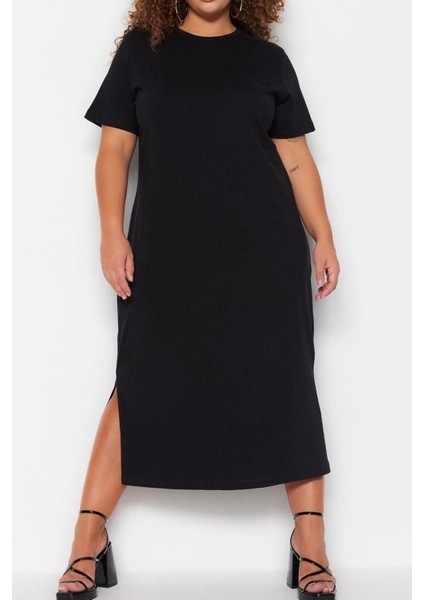 Moda Rahat Casual Günlük Süprem Örme Bisiklet Yaka Kısa Kol Shift Midi Boy Büyük Beden Elbise fırsatları