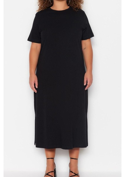 Moda Rahat Casual Günlük Süprem Örme Bisiklet Yaka Kısa Kol Shift Midi Boy Büyük Beden Elbise indirimleri