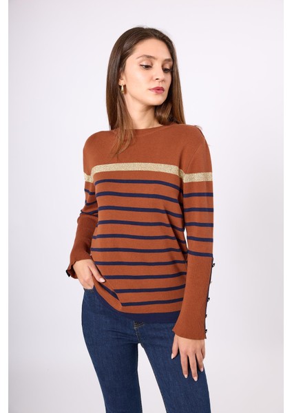 Monroe Çizgili Kadın Triko Kazak - Kızıl Kahve fiyatları